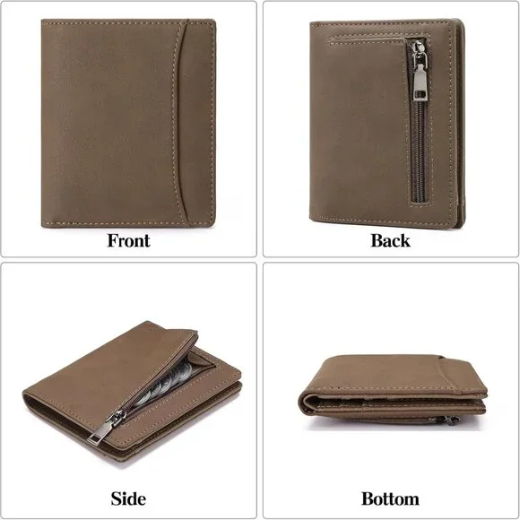 Men's 1 Type Coffee Genuine Leather Minimalist Wallets Card Zipper Coin Pocket